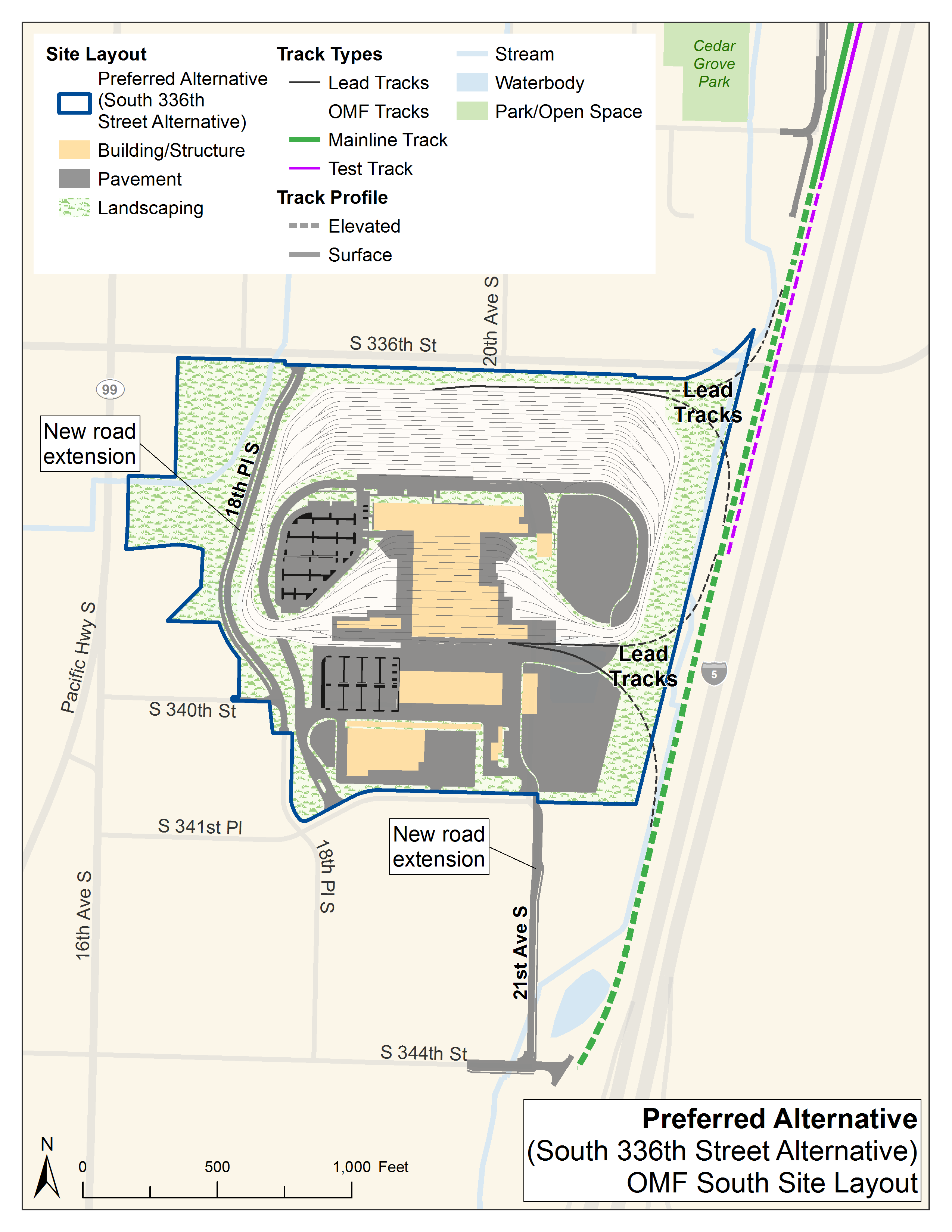 A map of the preferred alternative, South 336th Street alternative in Federal Way. The facility would be located at the Christian Faith Center and west of I-5 in Federal Way.