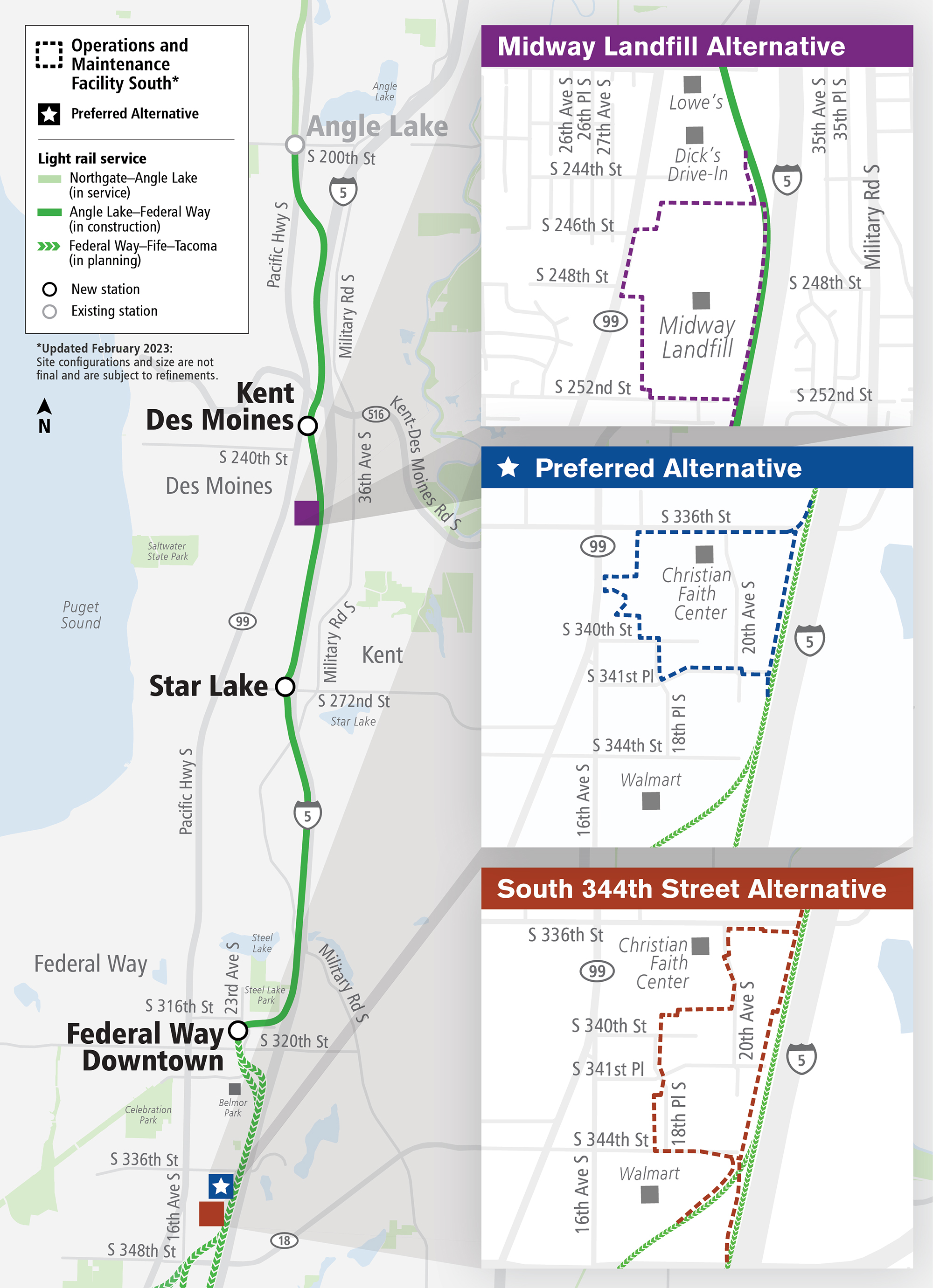 Overview map of the three alternatives for the Operations and Maintenance Facility South. The preferred alternative is located near 336th Street in Federal Way. We are also studying a 344th Street alternative in Federal way and the Midway Landfill alternative in Kent.