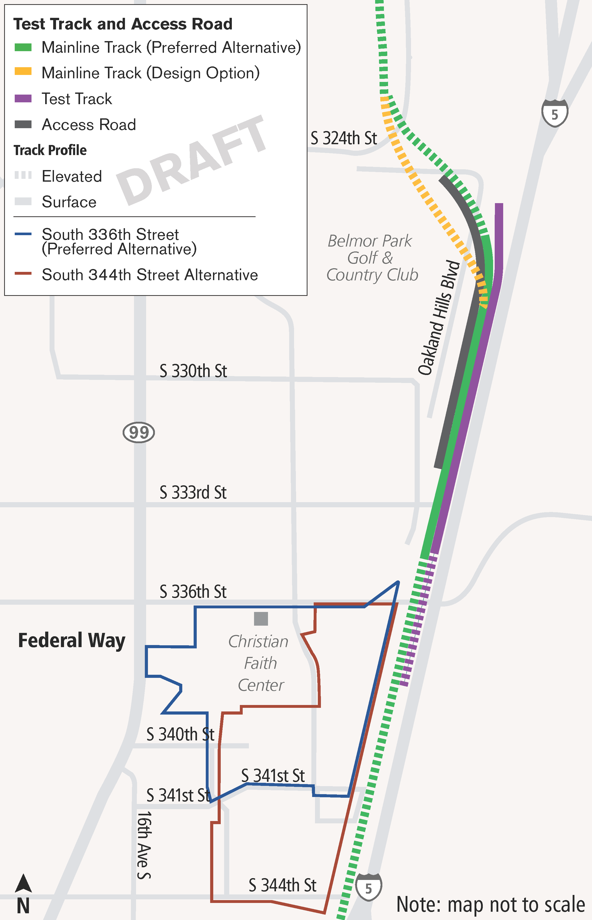 Un mapa de la vía de pruebas y vías de acceso asociadas con la alternativa preferida y la alternativa de South 344th Street en Federal Way.