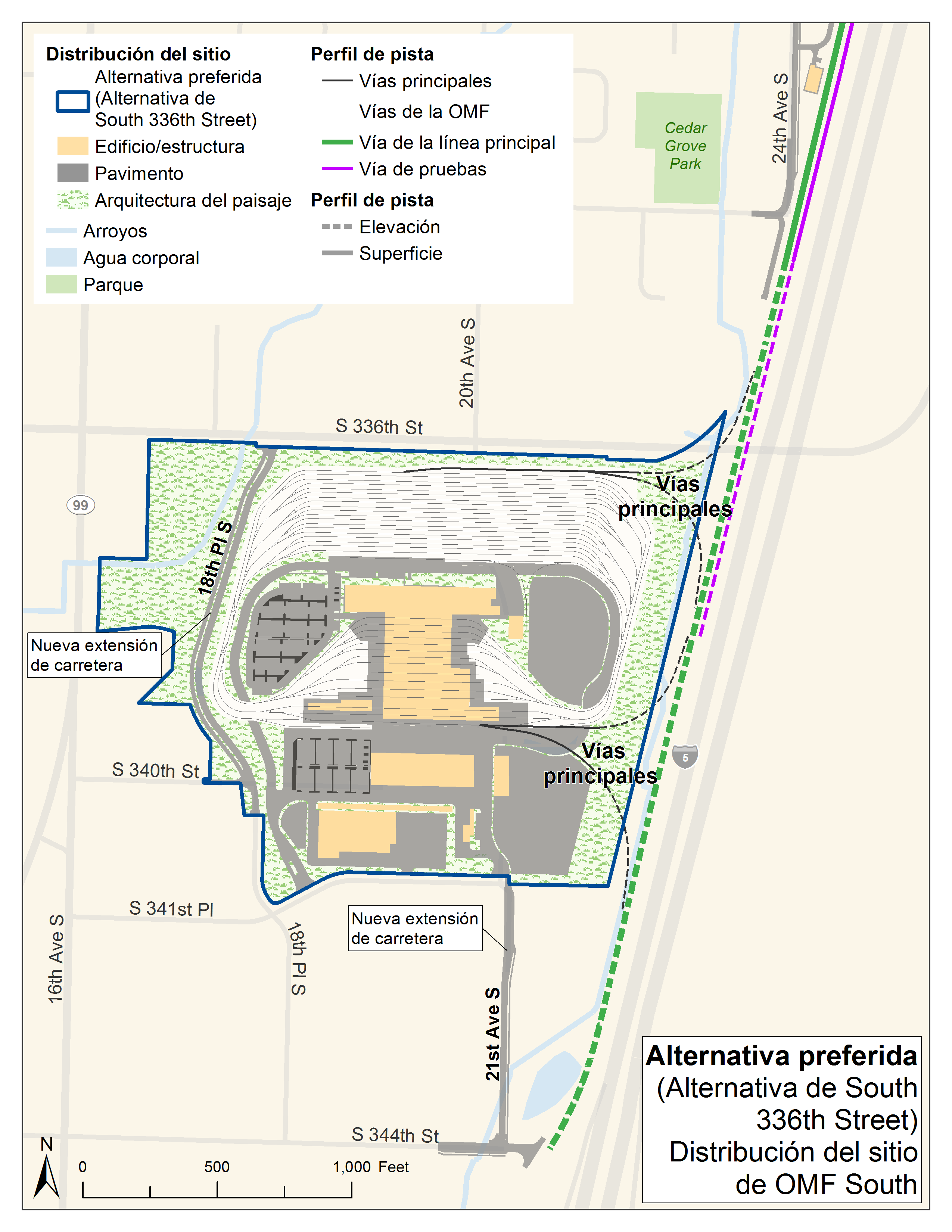 Un mapa de la alternativa preferida, la alternativa de South 336th Street en Federal Way. La unidad estaría ubicada en el Christian Faith Center y al oeste de la I-5 en Federal Way.