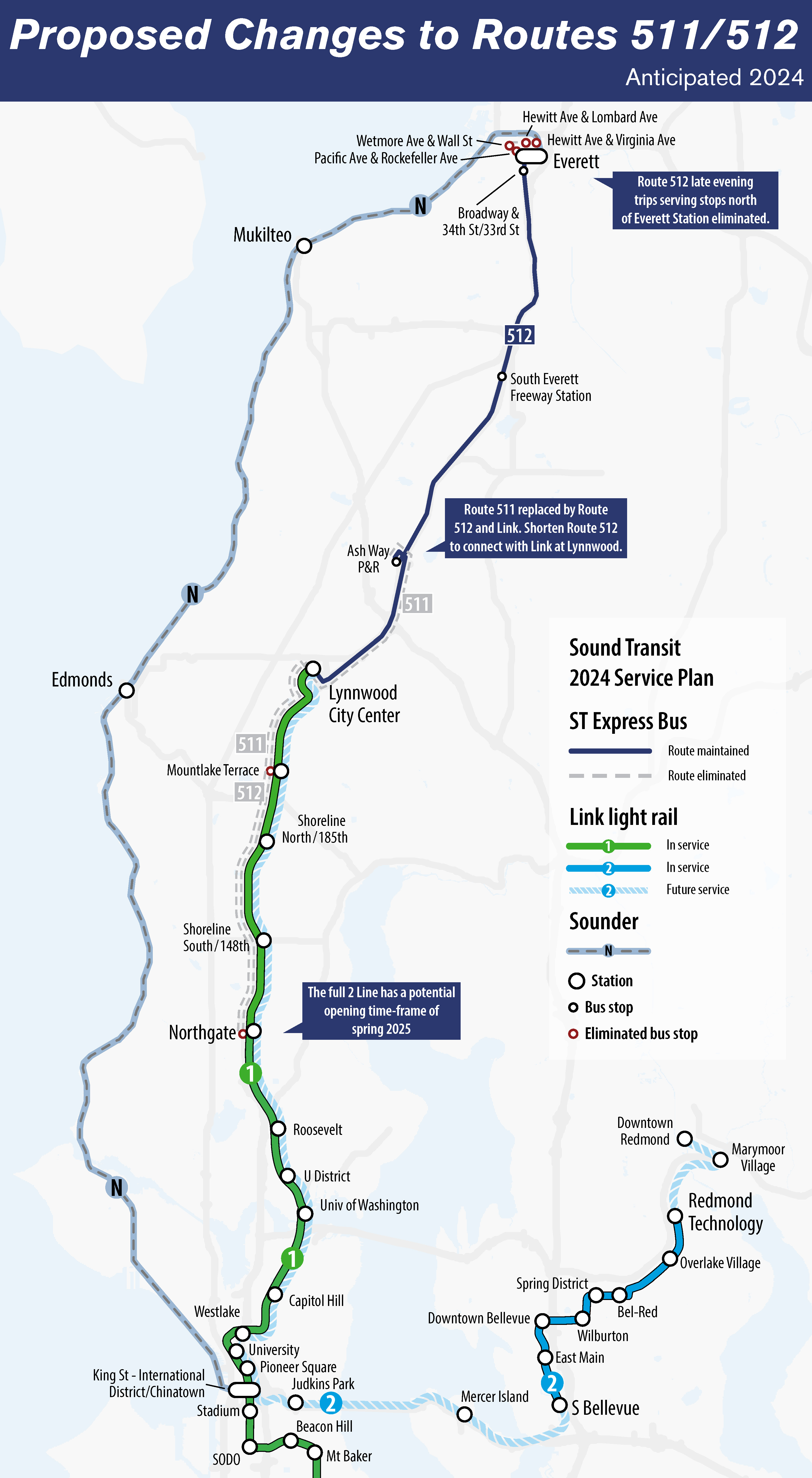 A map showing Express route 511 as it relates to Sound Transit's transit services in Seattle and the north and east subareas that include Everett, Seattle and Redmond. 


        The map shows Express route 511 in a light gray dotted line compared to the more strongly colored routes depicting Sounder train service, Link light rail service and other Express bus routes. 
        
        
        Express route 511 is depicted in light gray (as it is currently suspended), as it ran between south Everett and Northgate. The proposed route change will formally eliminate Express route 511 once Lynnwood Link Extension opens since the service area will be serviced by other Sound Transit services such as Link light rail and other Express bus routes. Route 512 will replace 511's service area to give the area more frequent service, including weekends.