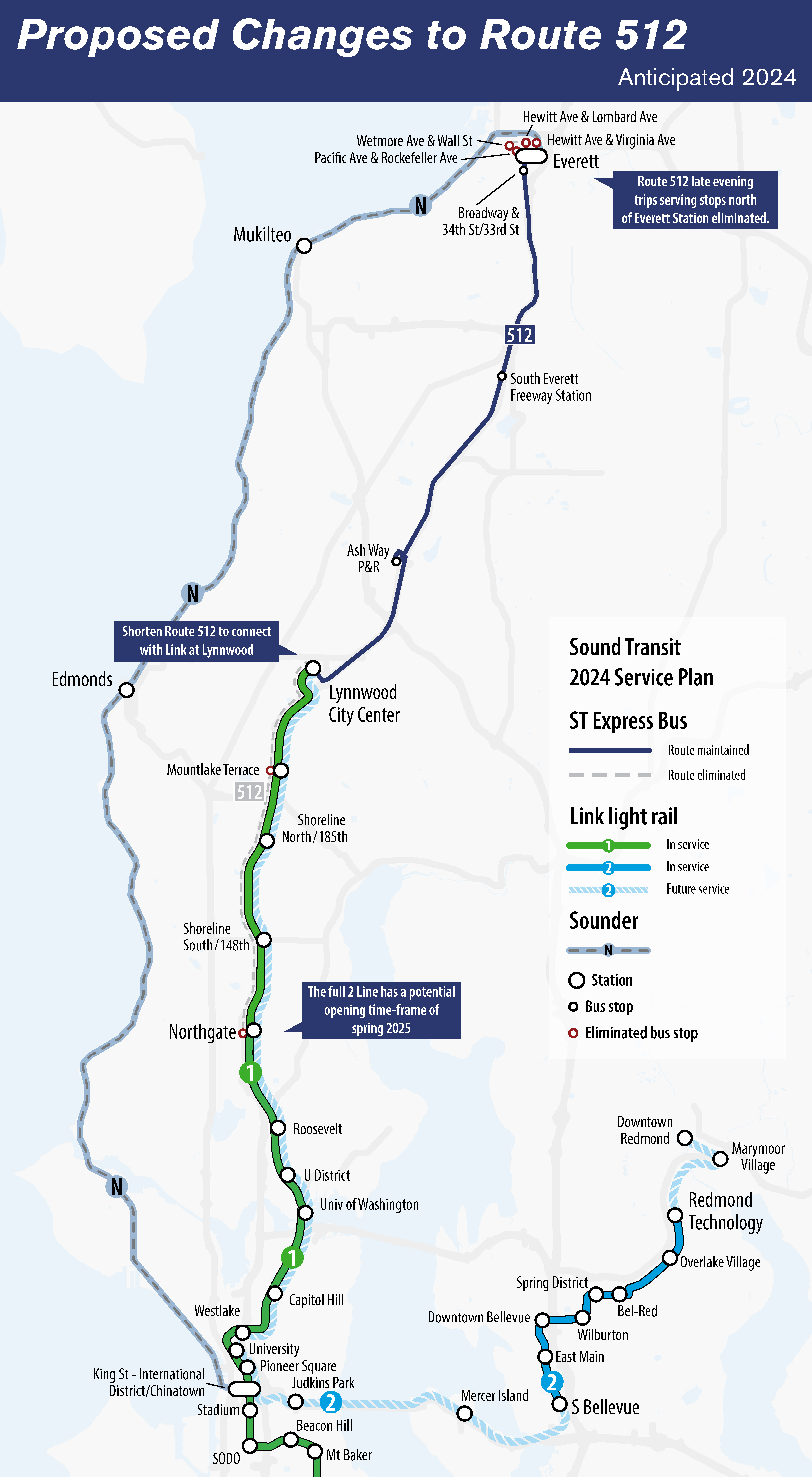 A map showing Express route 512 as it relates to Sound Transit's transit services in Seattle and the north and east subareas that include Everett, Seattle and Redmond. 


        The map shows Express route 512 in a strong dark blue line compared to other colored routes depicting Sounder train service, Link light rail service and other Express bus routes. Both the existing route 512 service area, as well as the future route 512 service area, are illustrated - the future route is bolded while the existing route is shown in a light gray dotted line. 
        
        
        The current Express route 512 in light gray is depicted as it currently runs from Everett to Northgate Station along Interstate 5. However, the future route in dark blue is depicted running from Everett in the north, to the new southernmost destination at Lynnwood City Center, which will be the southernmost destination once Lynnwood Link Extension opens. 