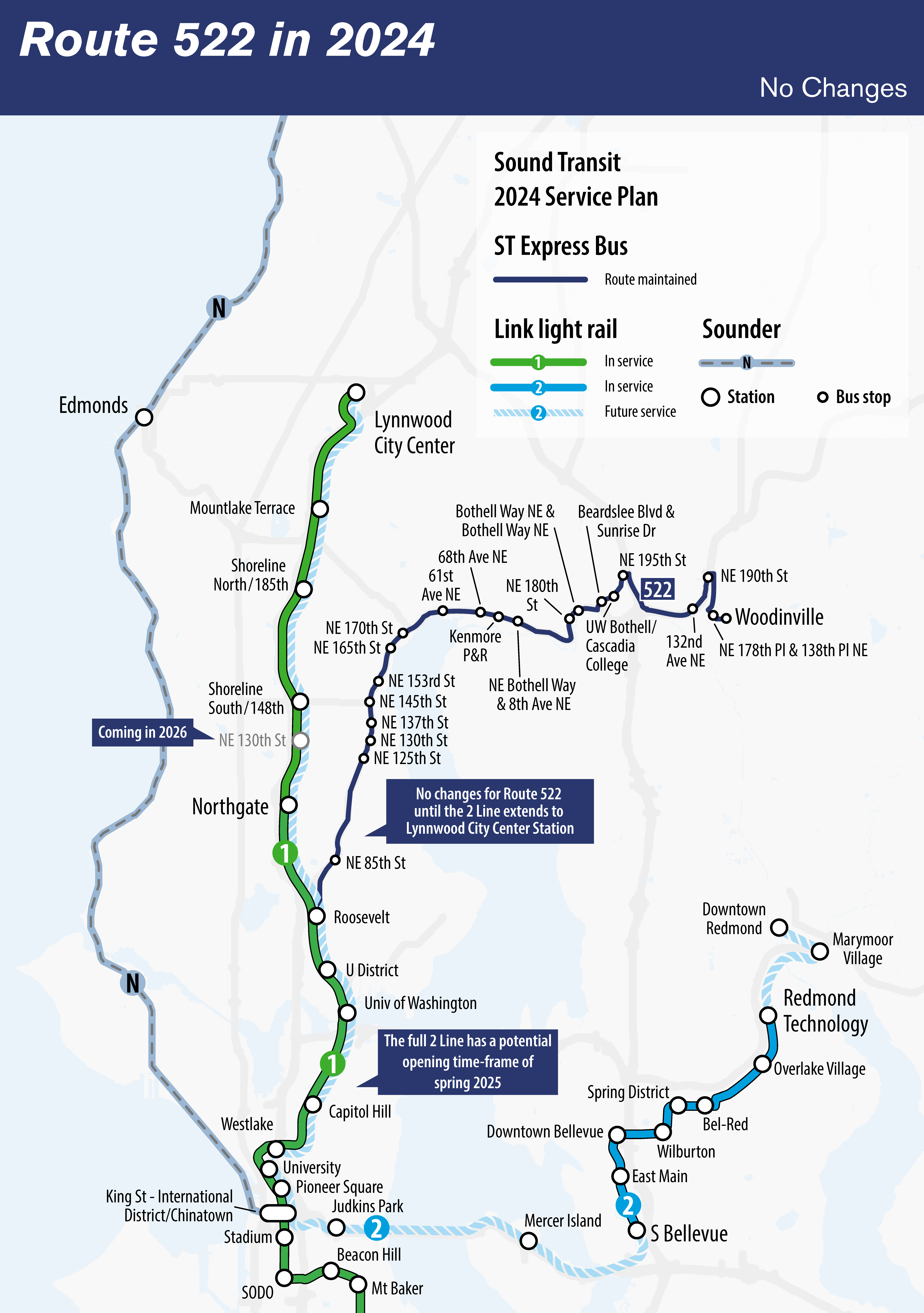 A map showing Express route 522 as it relates to Sound Transit's transit services in Seattle and the north and east subareas that include Everett, Seattle and Redmond. 


                The map shows Express route 522 in a strong dark blue line compared to other colored routes depicting Sounder train service, Link light rail service and other Express bus routes. 
                
                
                Express route 522 in dark blue is depicted as it currently runs from Woodinville to Roosevelt Station along Highway 522. There is no proposed change to Express route 522 service in 2024. However, this route will eventually be replaced by the Stride Bus Rapid Transit service.