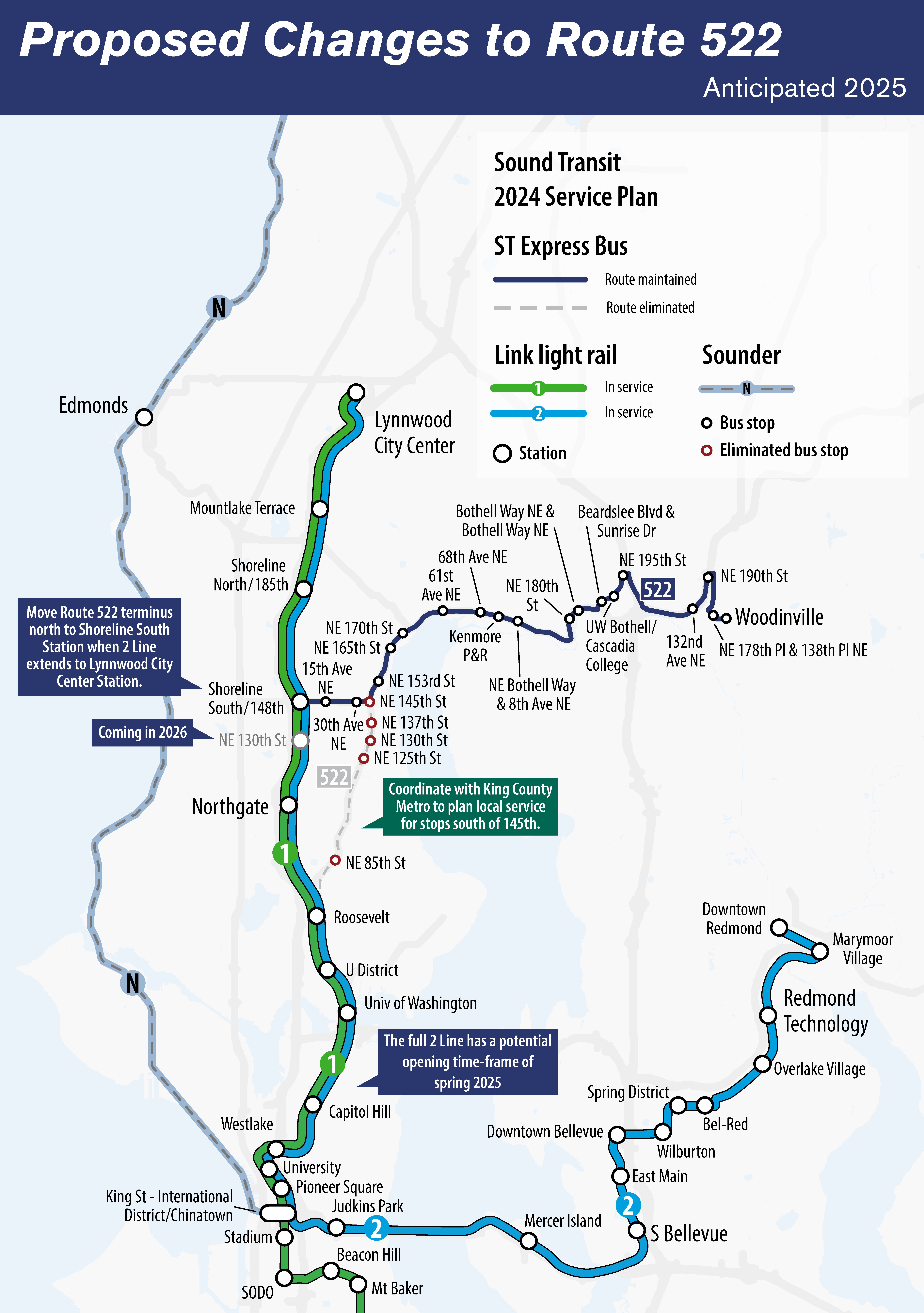 A map showing Express route 522 as it relates to Sound Transit's transit services in Seattle and the north and east subareas that include Everett, Seattle and Redmond. 


                    The map shows Express route 522 in a strong dark blue line compared to other colored routes depicting Sounder train service, Link light rail service and other Express bus routes. 
                    
                    
                    Express route 522 in dark blue is depicted as it currently runs from Woodinville to Roosevelt Station along Highway 522. There is no proposed change to Express route 522 service in 2024. However, this route will eventually be replaced by the Stride Bus Rapid Transit service.